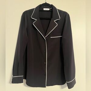 Calvin Klein Black Satin Button-Up Pajama Top‎ Blouse with White Piping